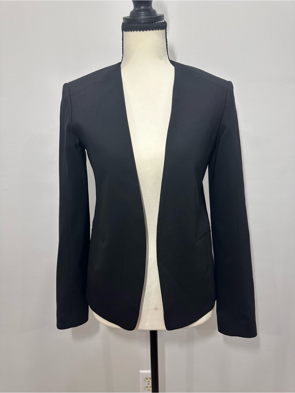 THEORY Kacela Classic Black Open-Front Women's Blazer Jacket VIRGIN WOOL Size 0